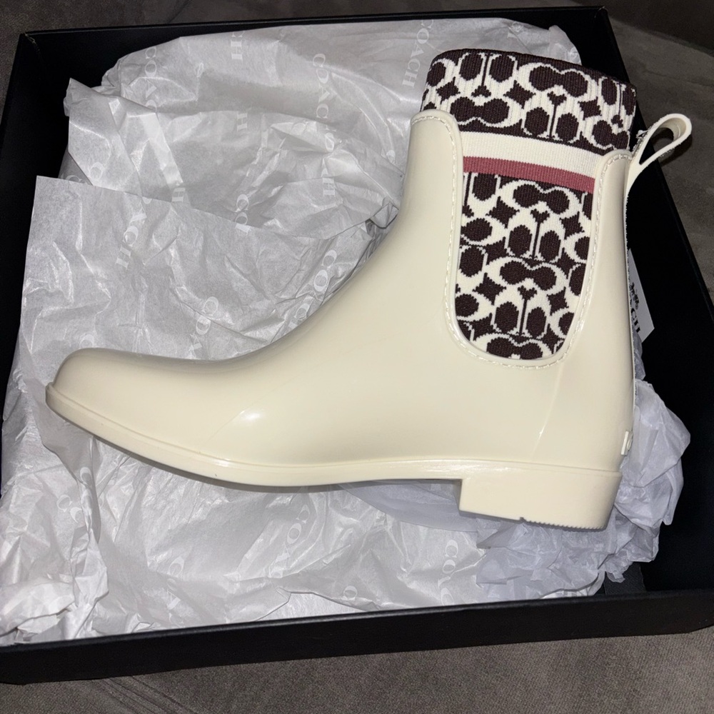 Coach Cream and Black Rain Boots